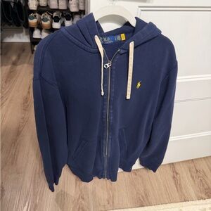 Polo by Ralph Lauren Navy Hooded Zip Sweatshirt with Yellow Pony